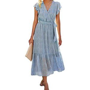 New Women Summer Bohemian Floral Casual Wrap Blue